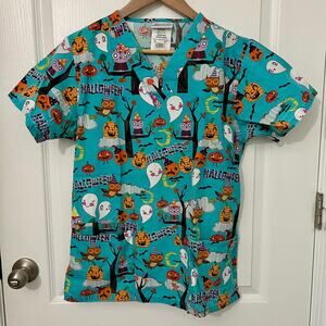 Uniform Advantage UA Scrubs | Halloween Ghost Pumpkin Top | Blue | Small S